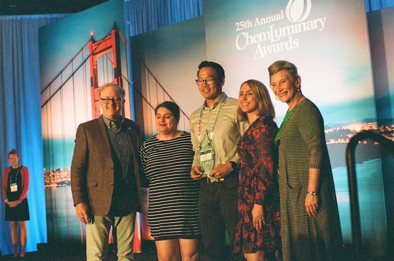 Preston MacDougall (Committee on Public Relations Chair) Fanny Frausto, Patrick Lee, and Atefeh Taheri with ACS President Judy Giordan.