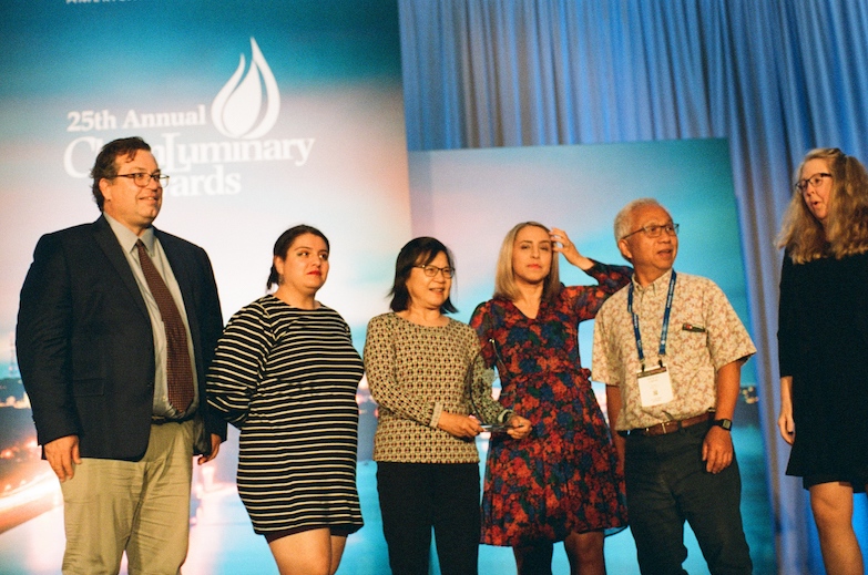 Fanny Frausto, Toni Miao, Atefeh Taheri, and Michael Cheng with ACS Past-President Angela Wilson